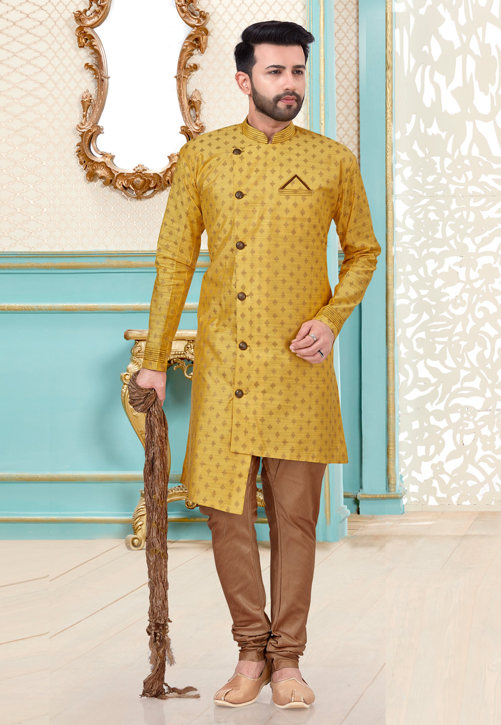 Mustard Banarasi Silk Kurta Pajama 216077