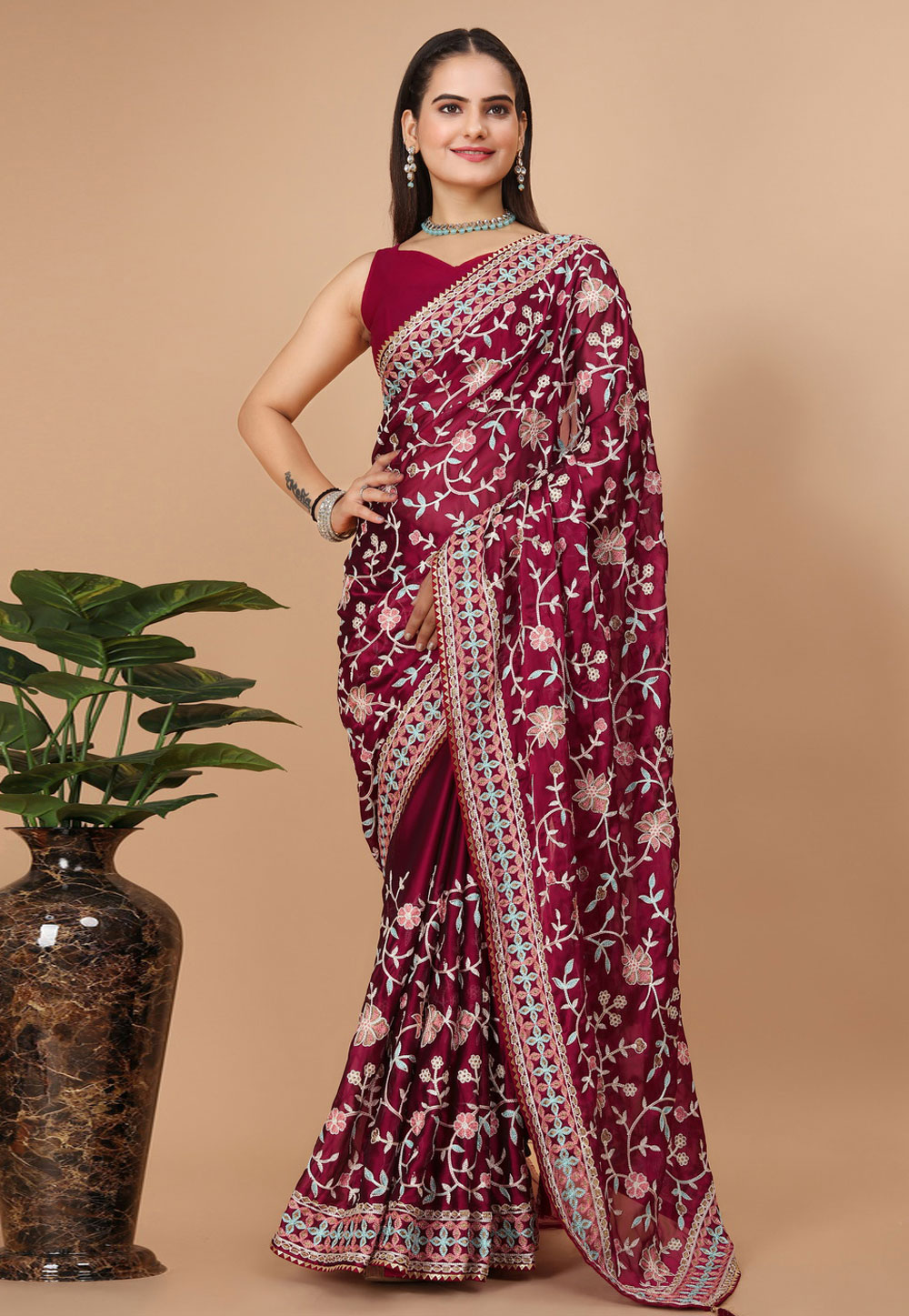 Maroon Soft Silk Saree With Blouse 277754