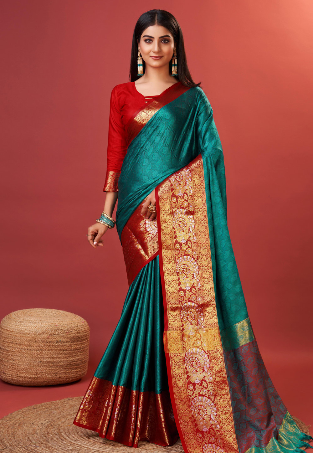 Teal Cotton Saree With Blouse 277762