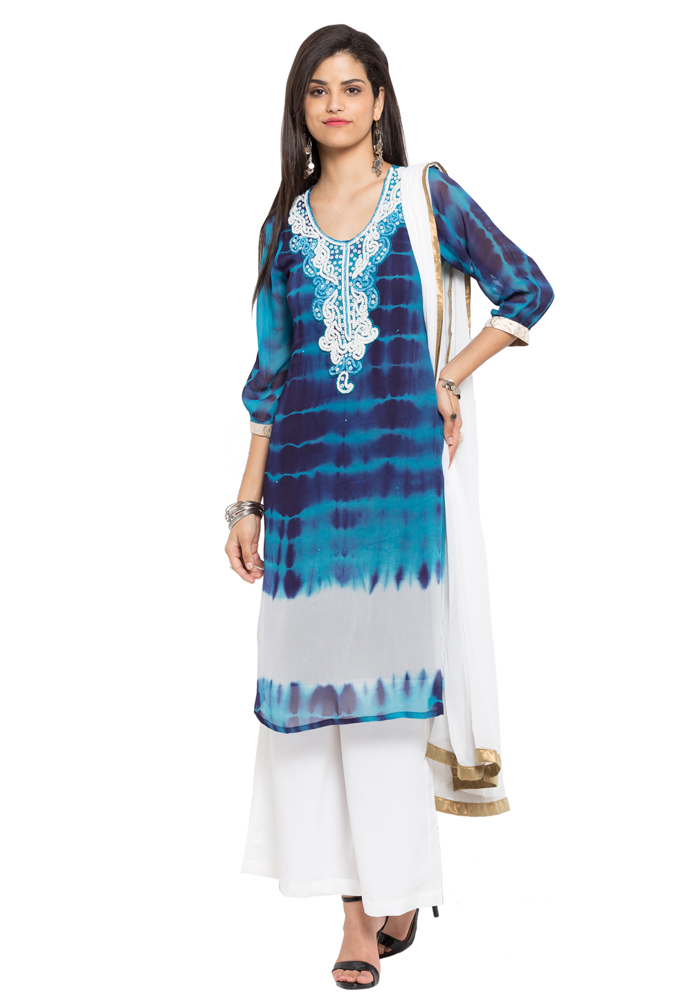 Blue Faux Georgette Readymade Palazzo Suit 230471