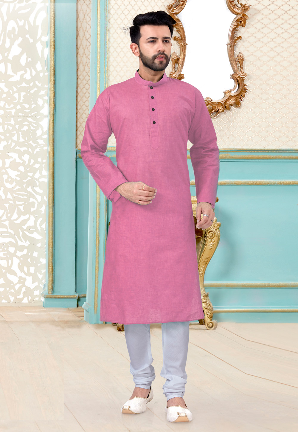 Pink Linen Readymade Kurta Pajama 223715