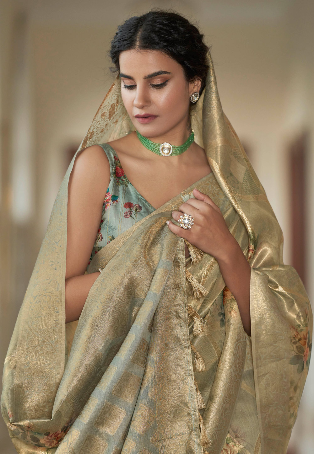 Pastel Beige Organza Saree With Floral Embroidery – Cherrypick