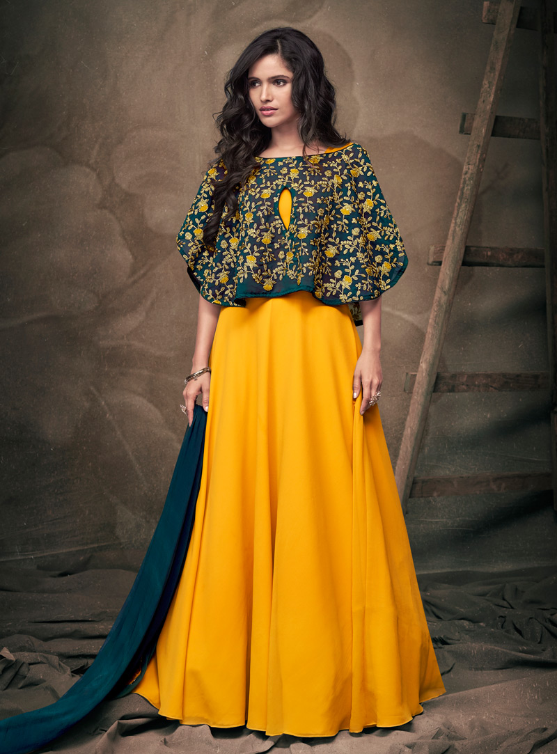 Yellow Georgette Readymade Gown 144285