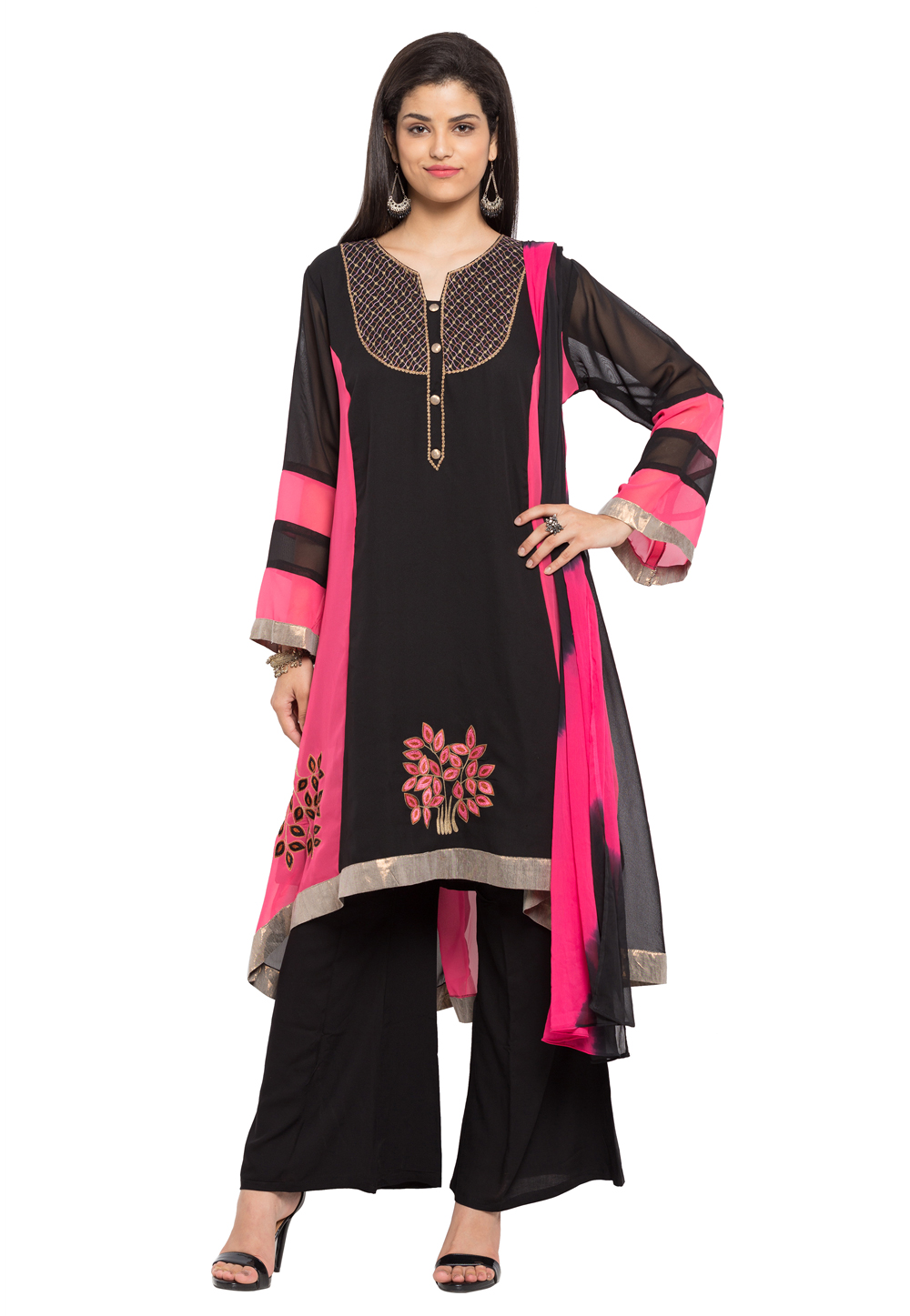 Black Faux Georgette Readymade Palazzo Suit 230473