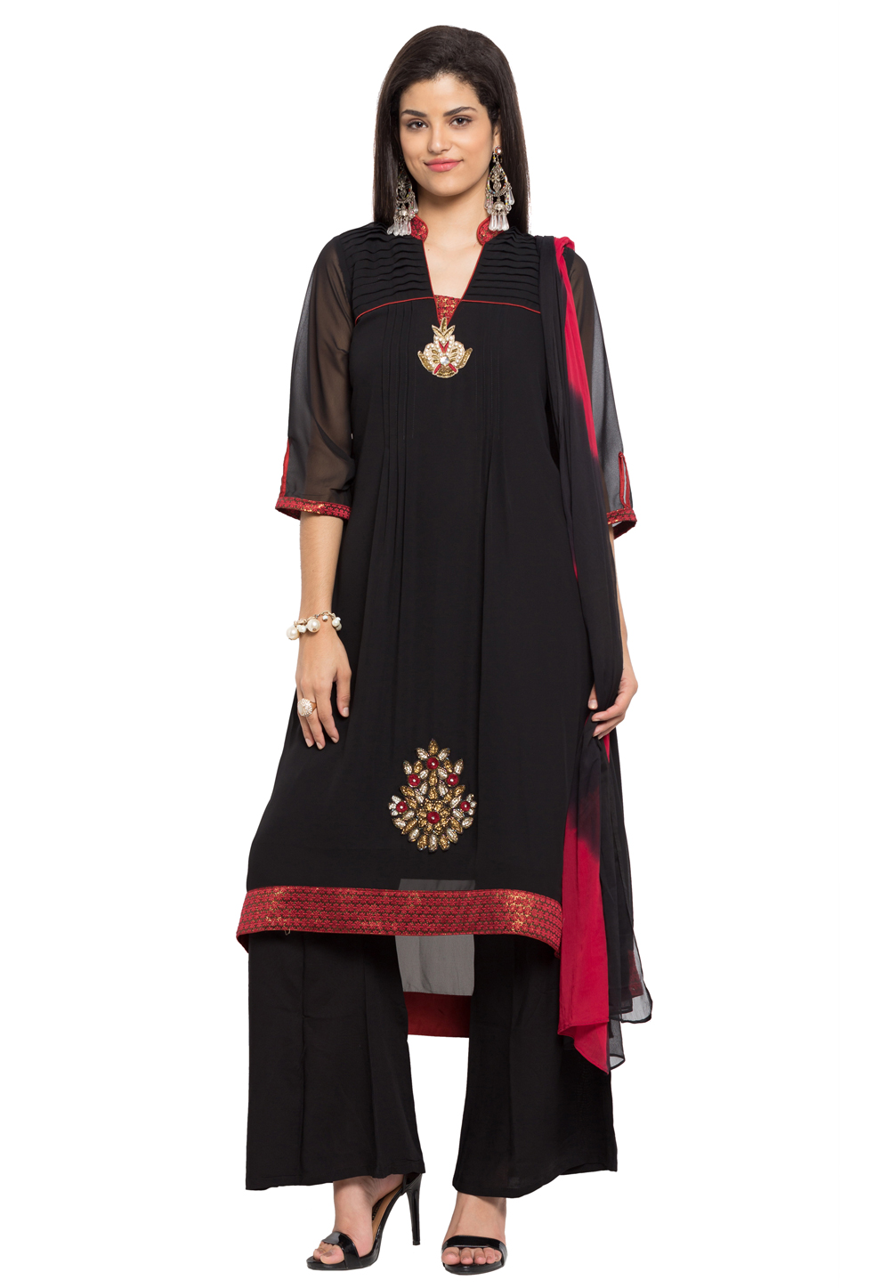 Black Faux Georgette Readymade Palazzo Suit 230474