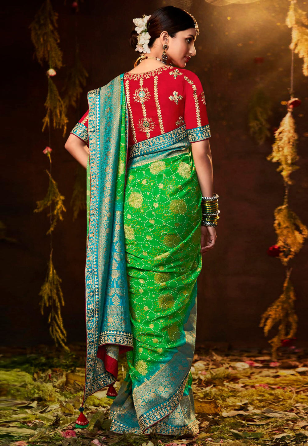 Shop Green-Red Sequins Work Silk Reception Wear Saree With Blouse From  Ethnic Plus