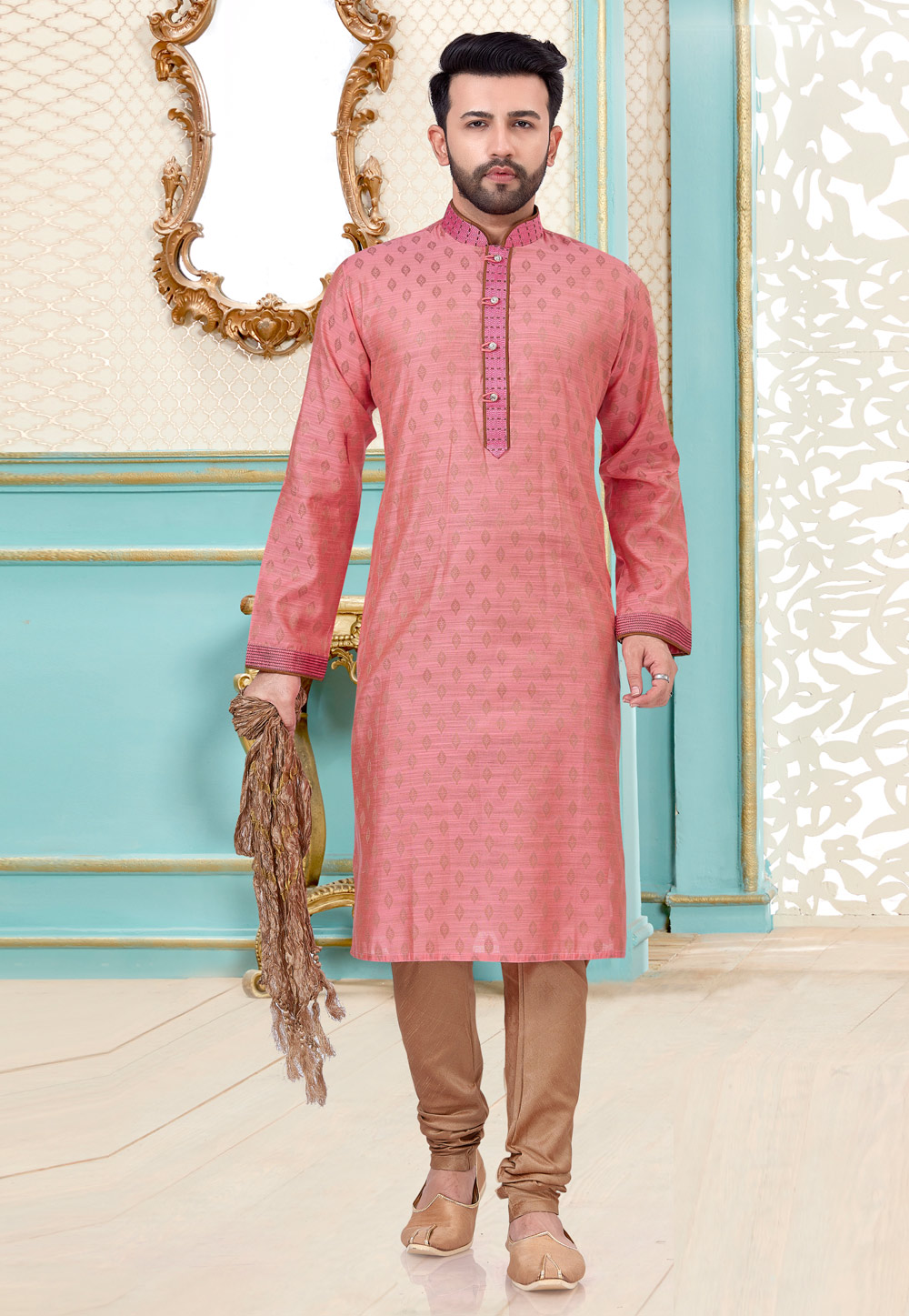 Pink Banarasi Silk Kurta Pajama 216083