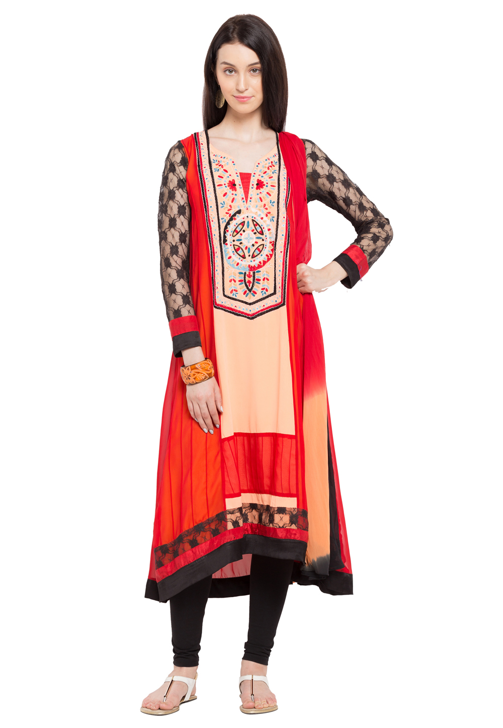 Red Faux Georgette Readymade Churidar Suit 230477