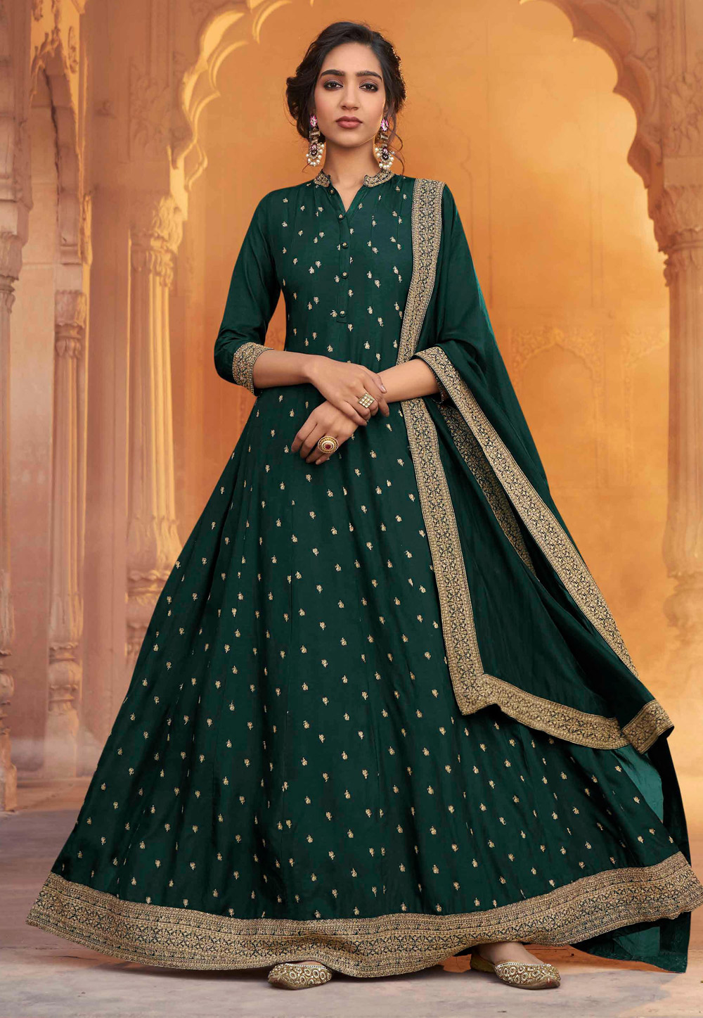 Green Silk Long Anarkali Suit 219661
