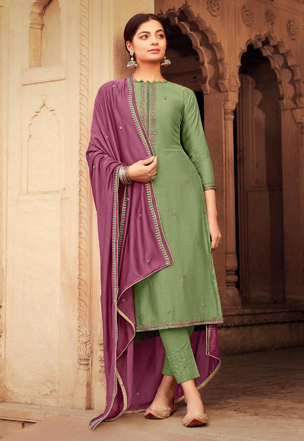Green Viscose Pant Style Suit 218959