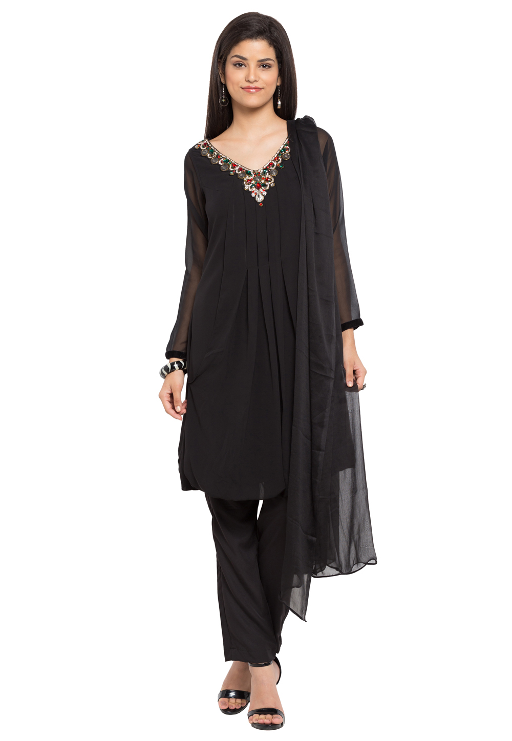 Black Faux Georgette Readymade Pant Style Suit 230478