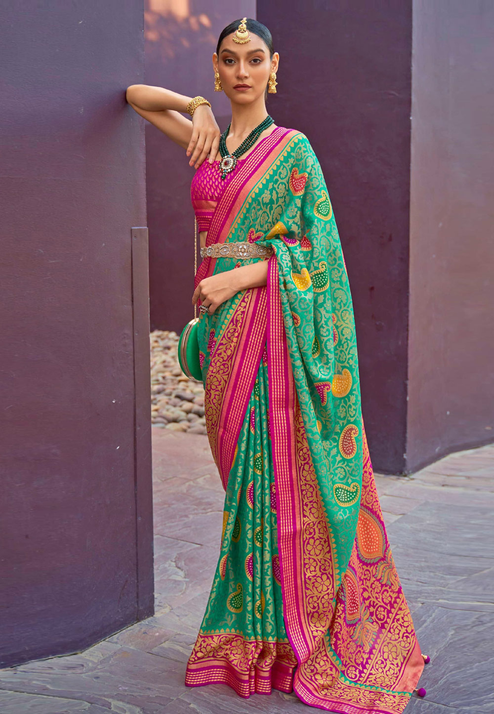 Sea Green Brasso Printed Saree With Blouse 255565
