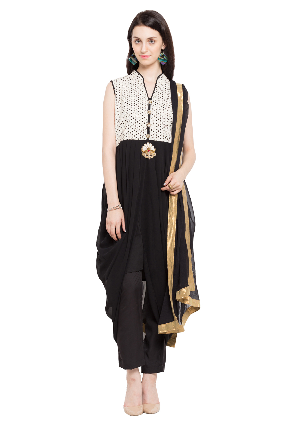 Black Faux Georgette Readymade Pant Style Suit 230480