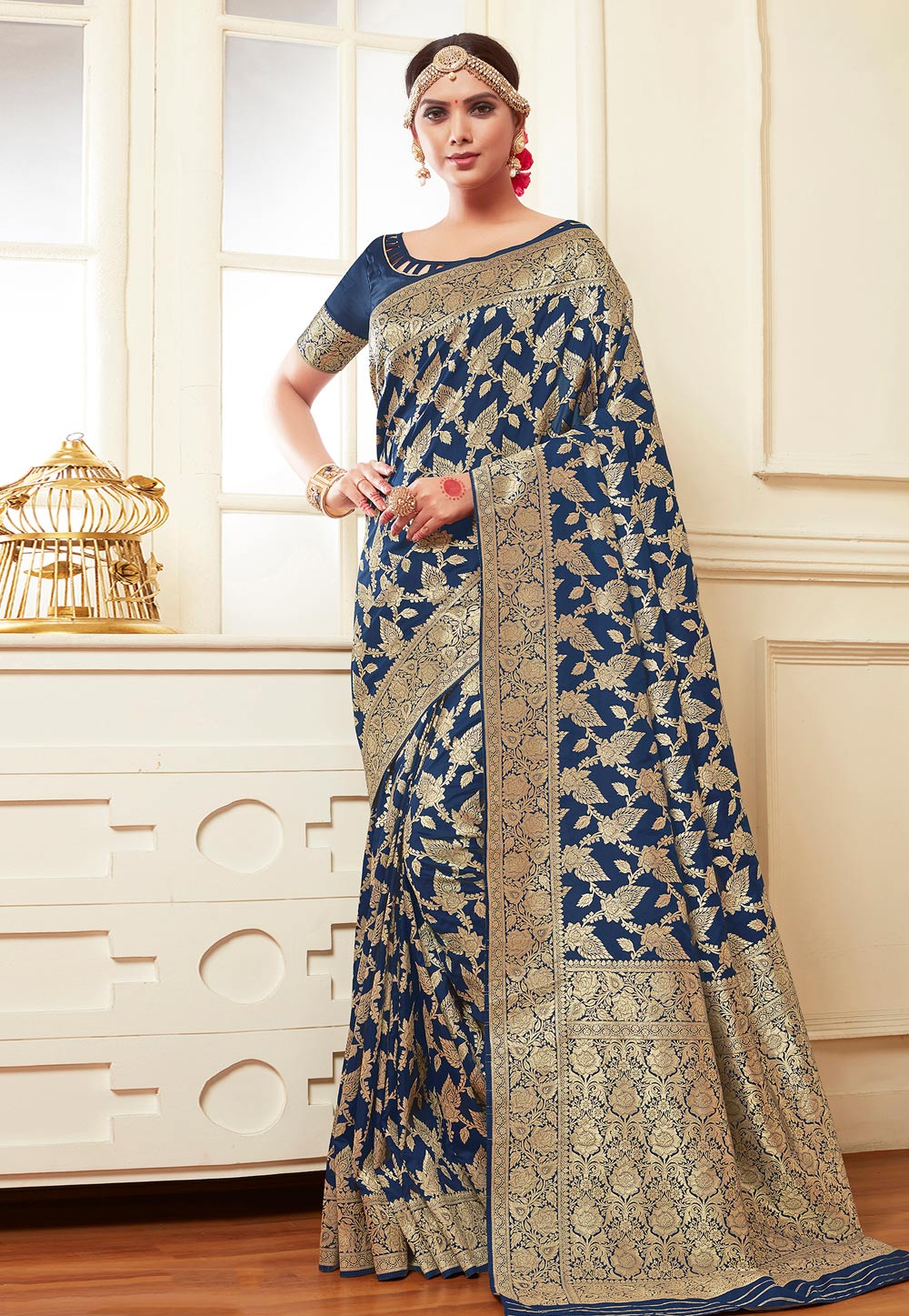 Navy Blue Banarasi Silk Saree With Blouse 217673