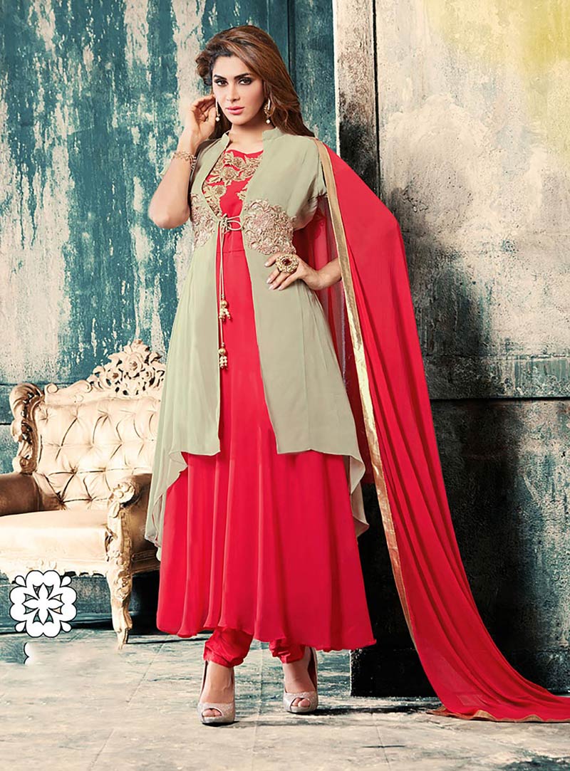 Red Faux Georgette Anarkali Suit With Jacket 76168