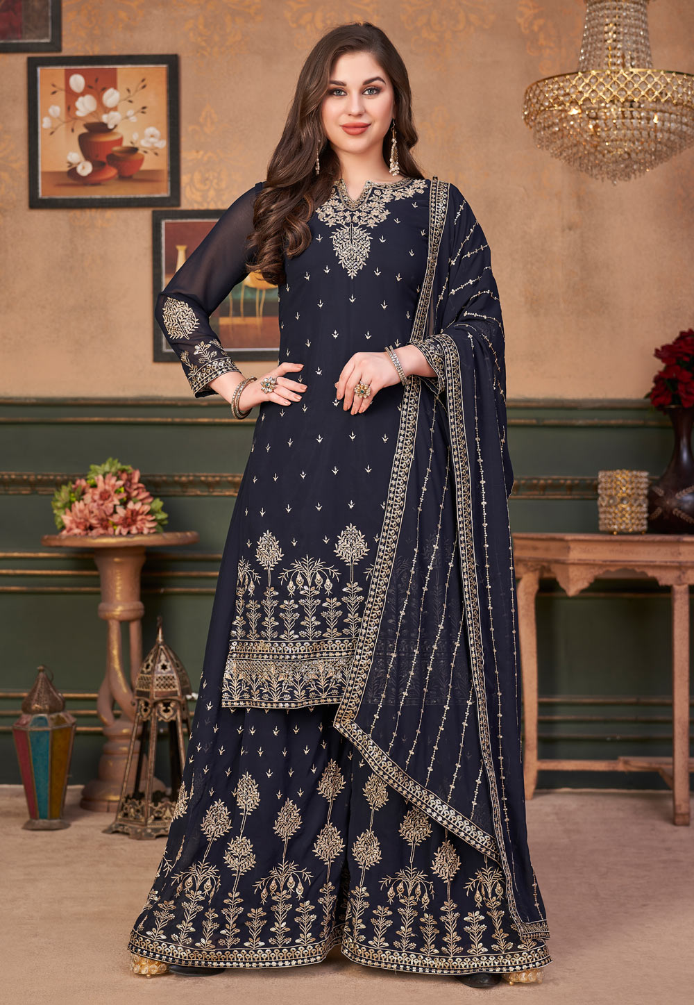 Navy Blue Faux Georgette Embroidered Palazzo Suit 241347