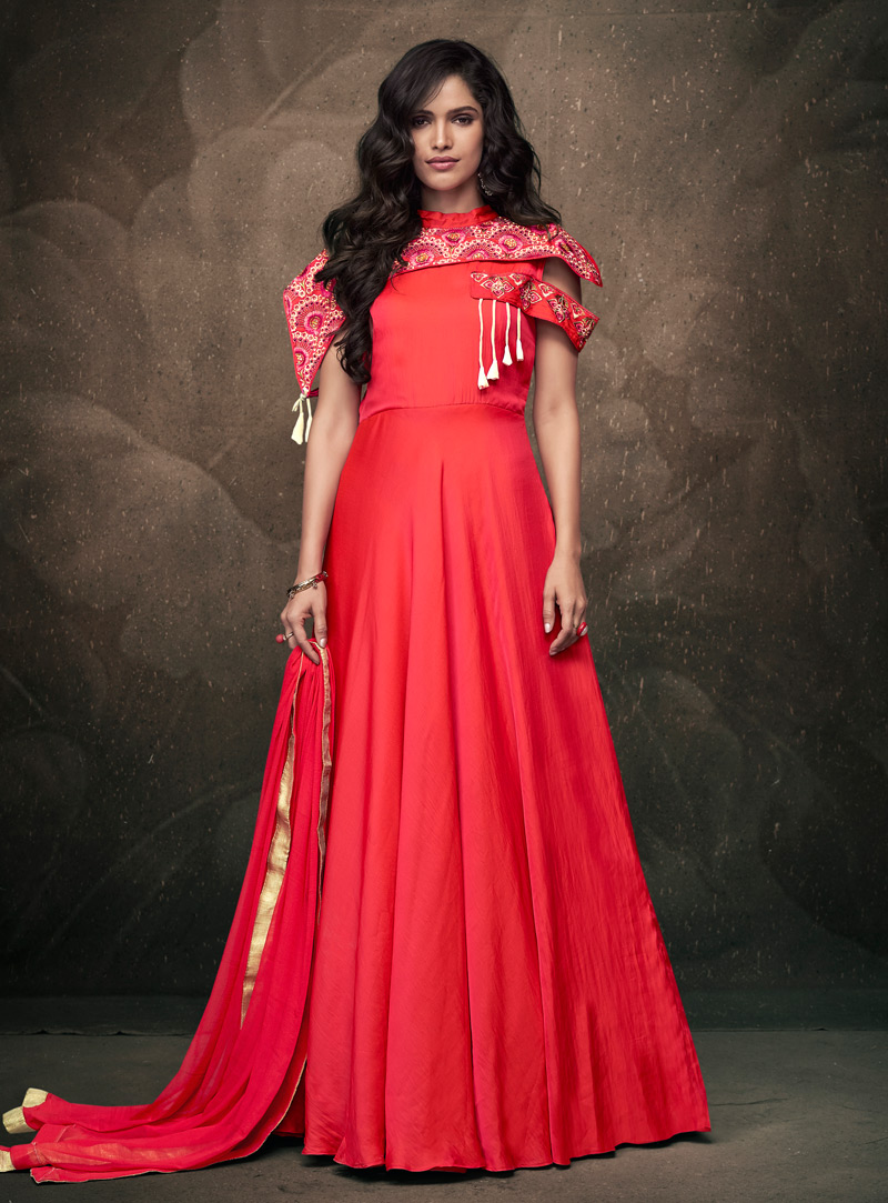 Red Taffeta Silk Readymade Gown 144286