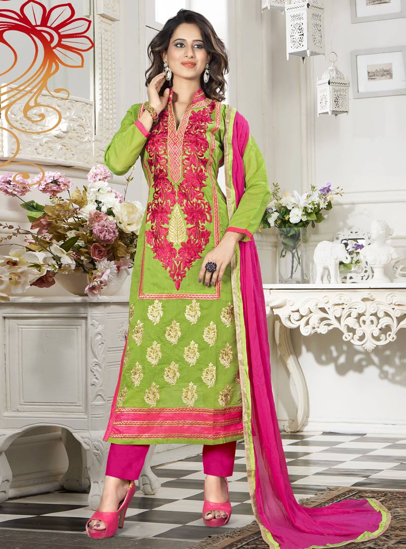 Green Chanderi Straight Cut Pant Style Suit  89858