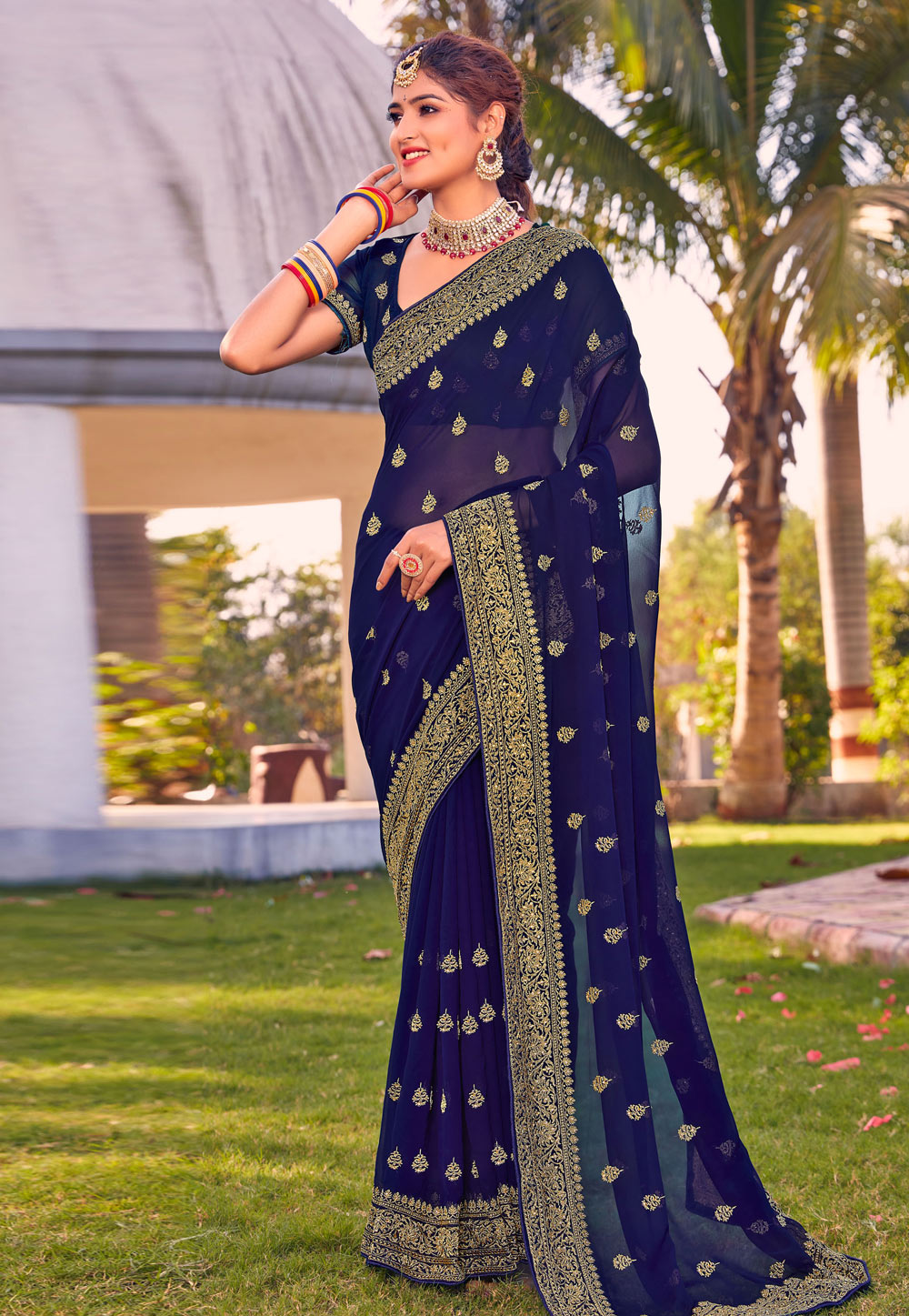 Navy Blue Georgette Saree With Blouse 259758