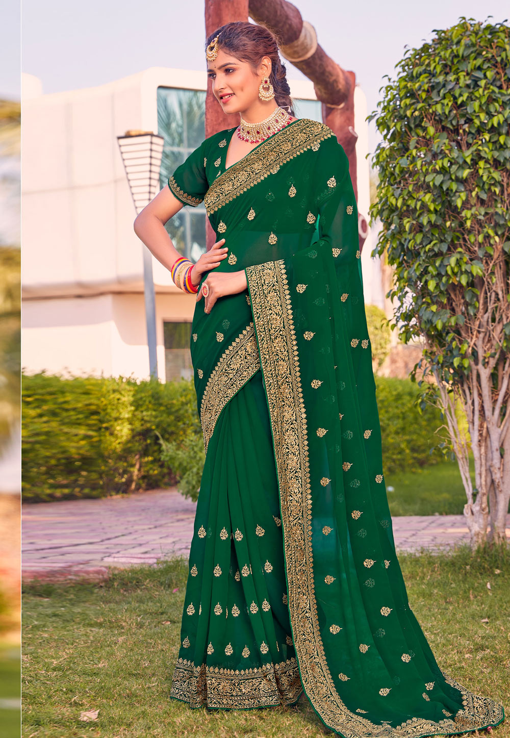 Bottle Green Embroidered Georgette Saree - Urban Womania