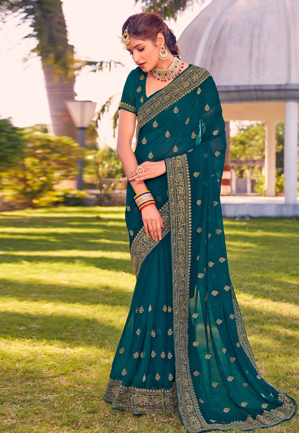 Teal Georgette Saree With Blouse 259761