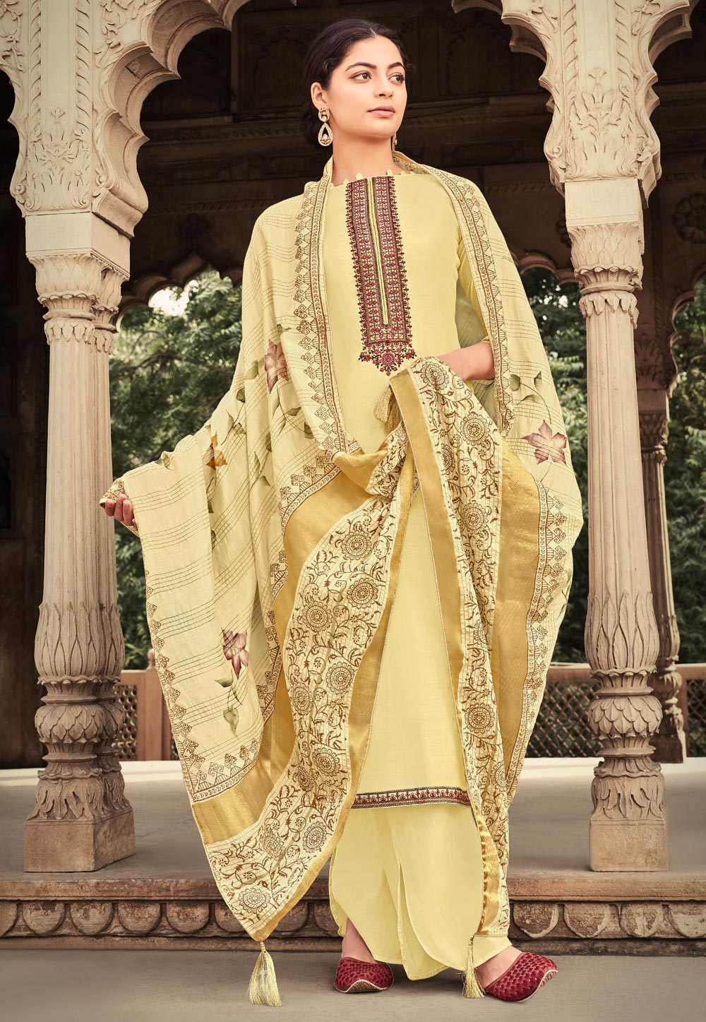 Light Yellow Cotton Silk Palazzo Suit 218952
