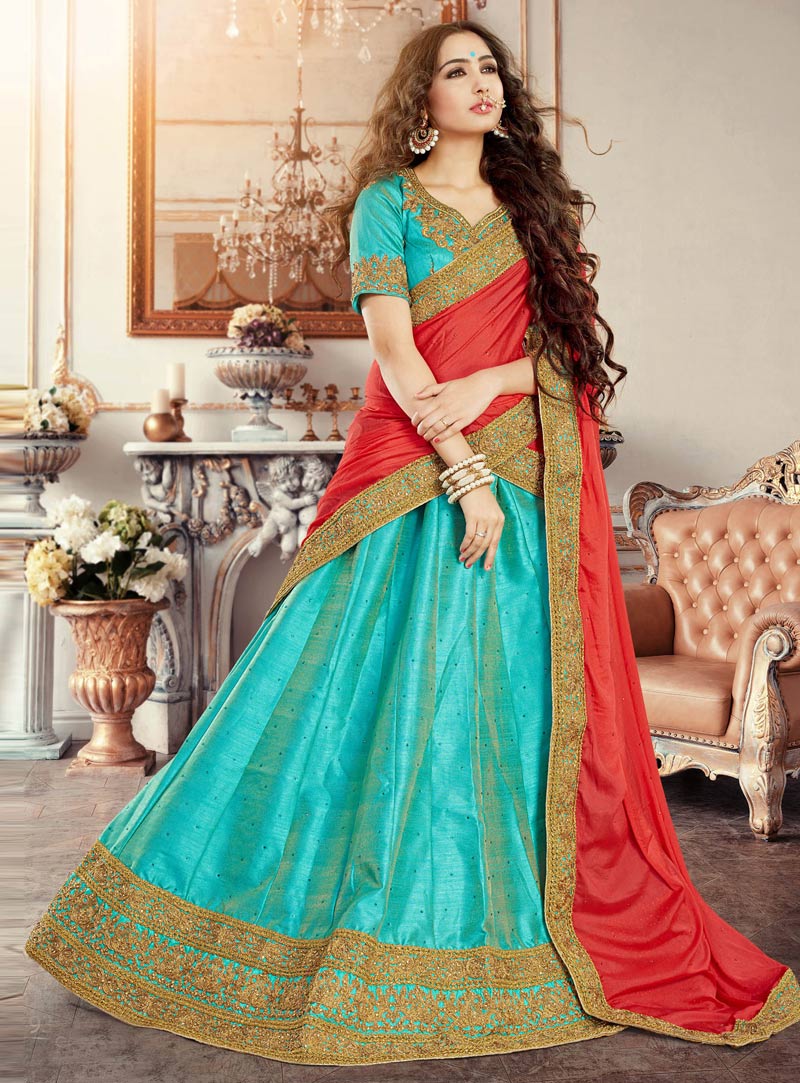 Turquoise Banarasi Silk Circular Lehenga Choli 89970