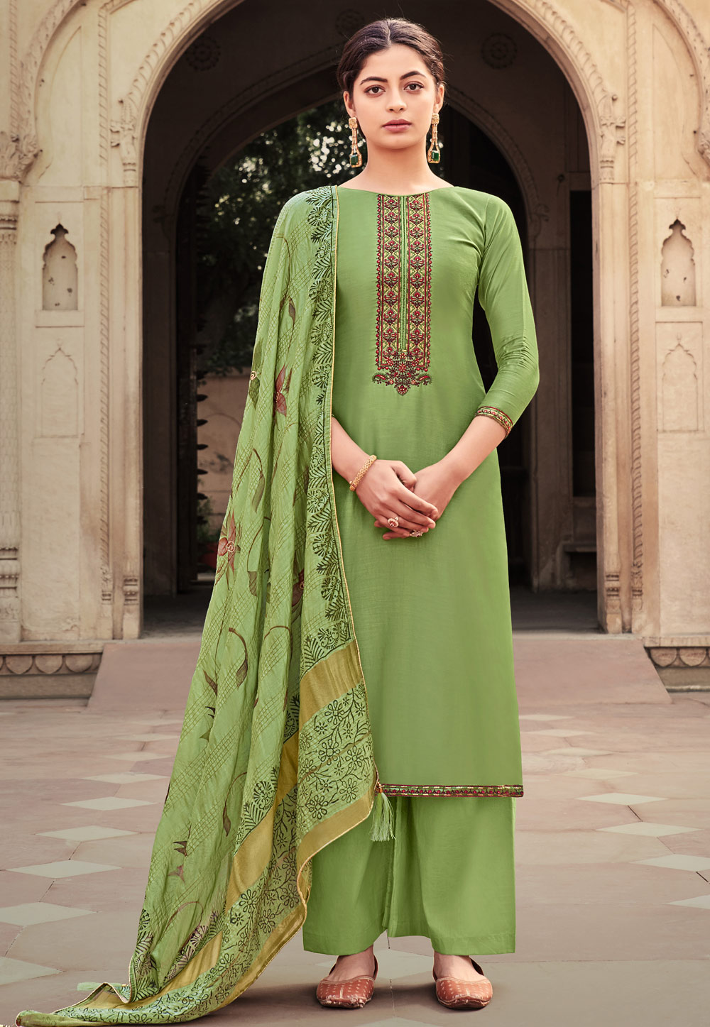 Green Cotton Silk Kameez With Palazzo 218953