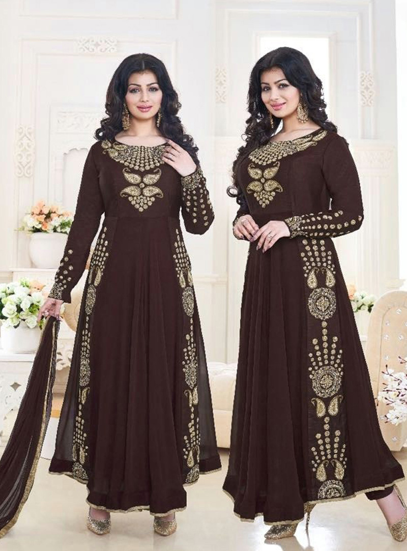 Ayesha Takia Brown Banglori Silk Long Anarkali Suit 89530