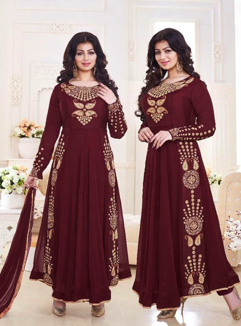 Ayesha Takia Maroon Banglori Silk Long Anarkali Suit 89531
