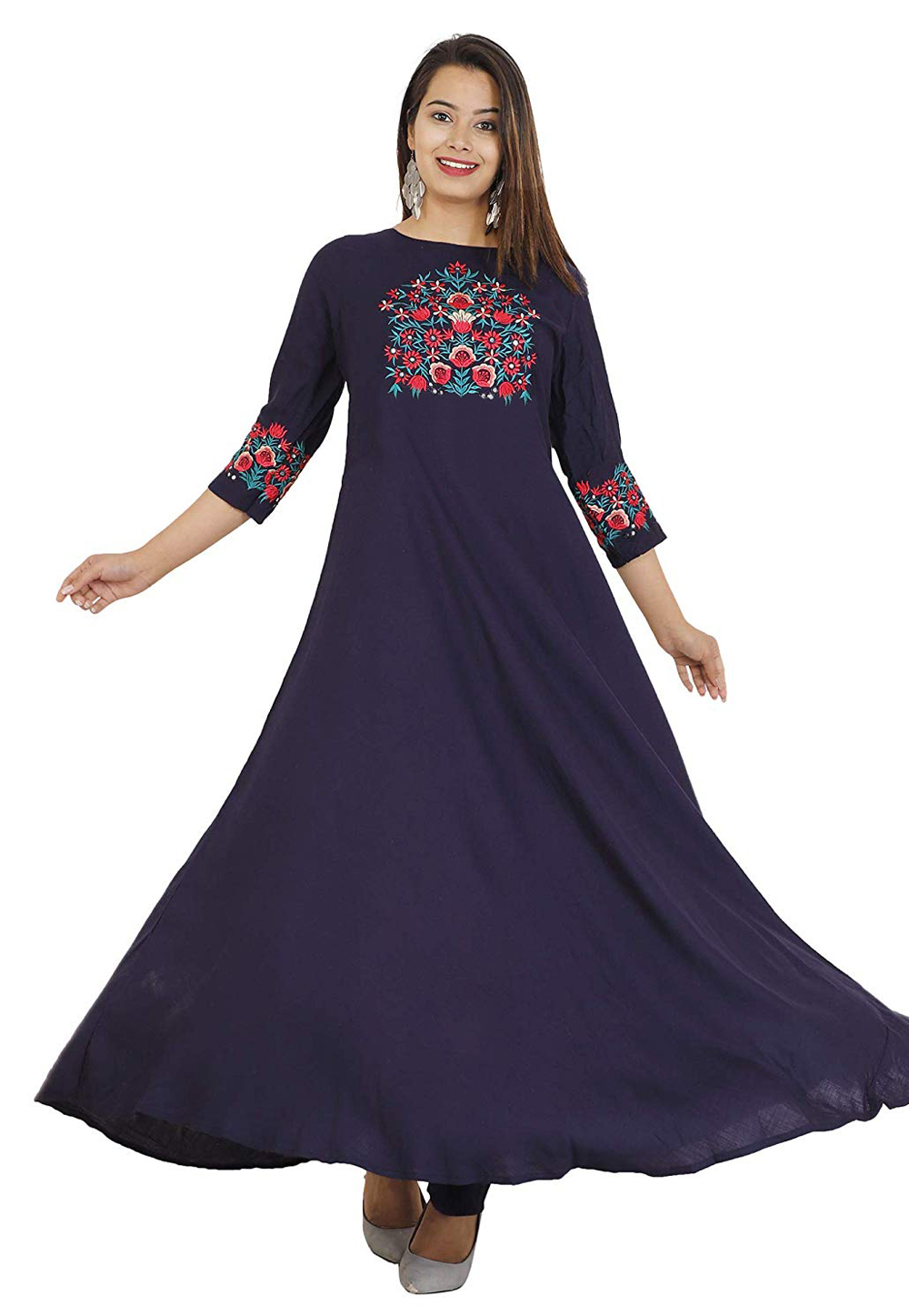 Navy Blue Rayon Readymade Flared Gown 176662
