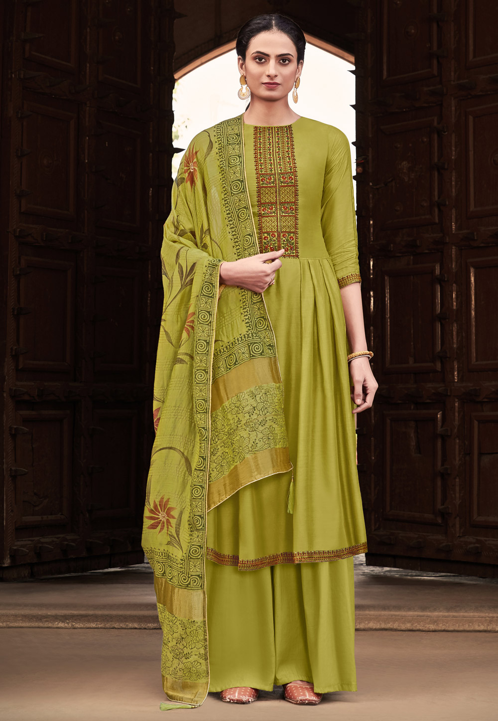 Green Cotton Silk Palazzo Suit 218956
