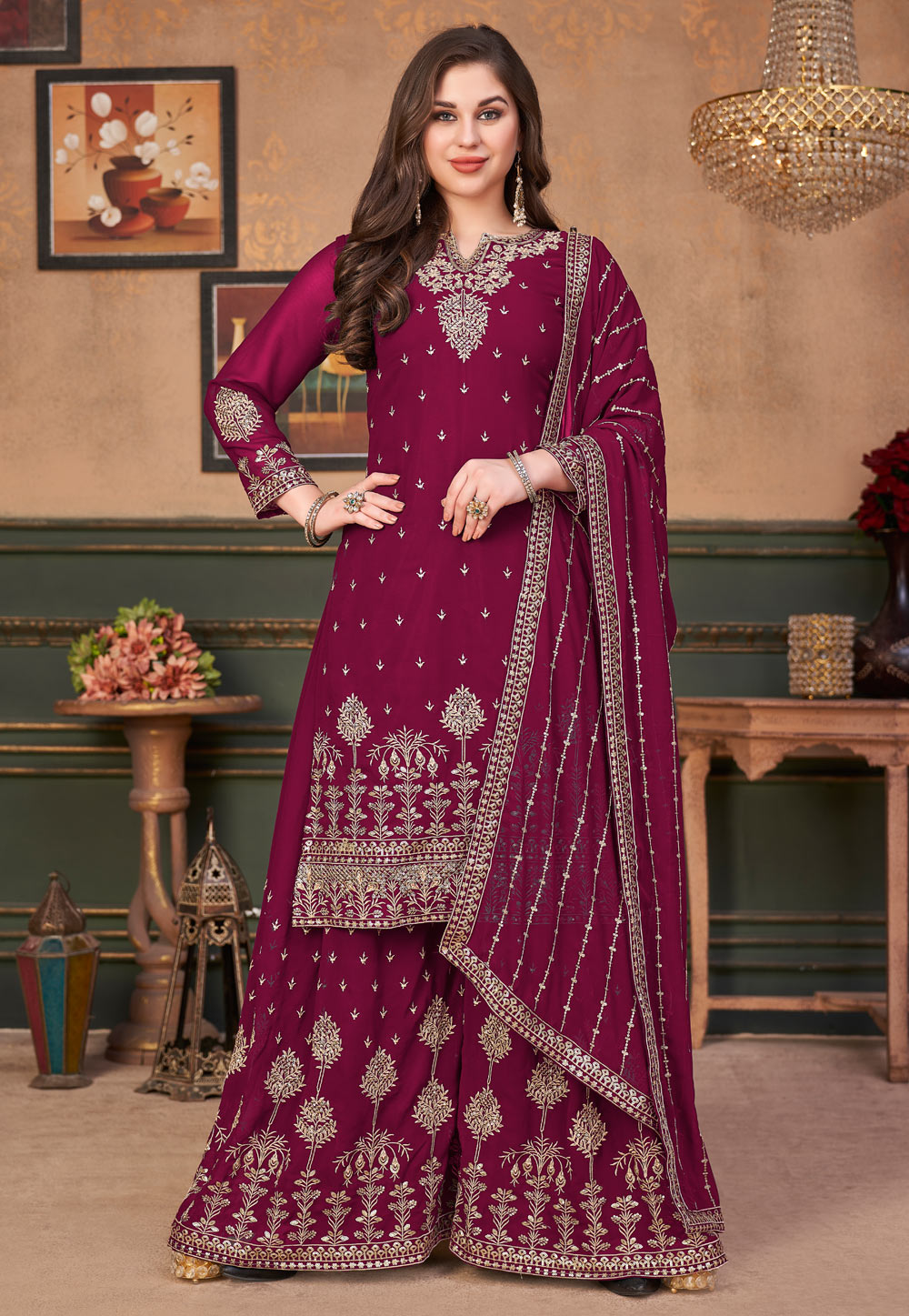 Magenta Faux Georgette Embroidered Kameez With Palazzo 241348