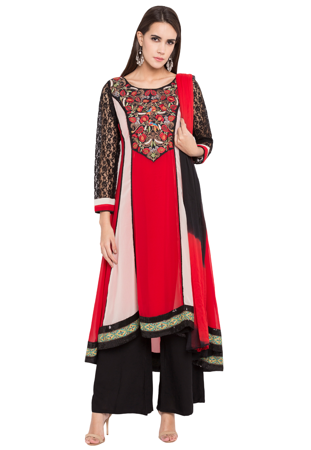 Red Georgette Readymade Palazzo Suit 238552