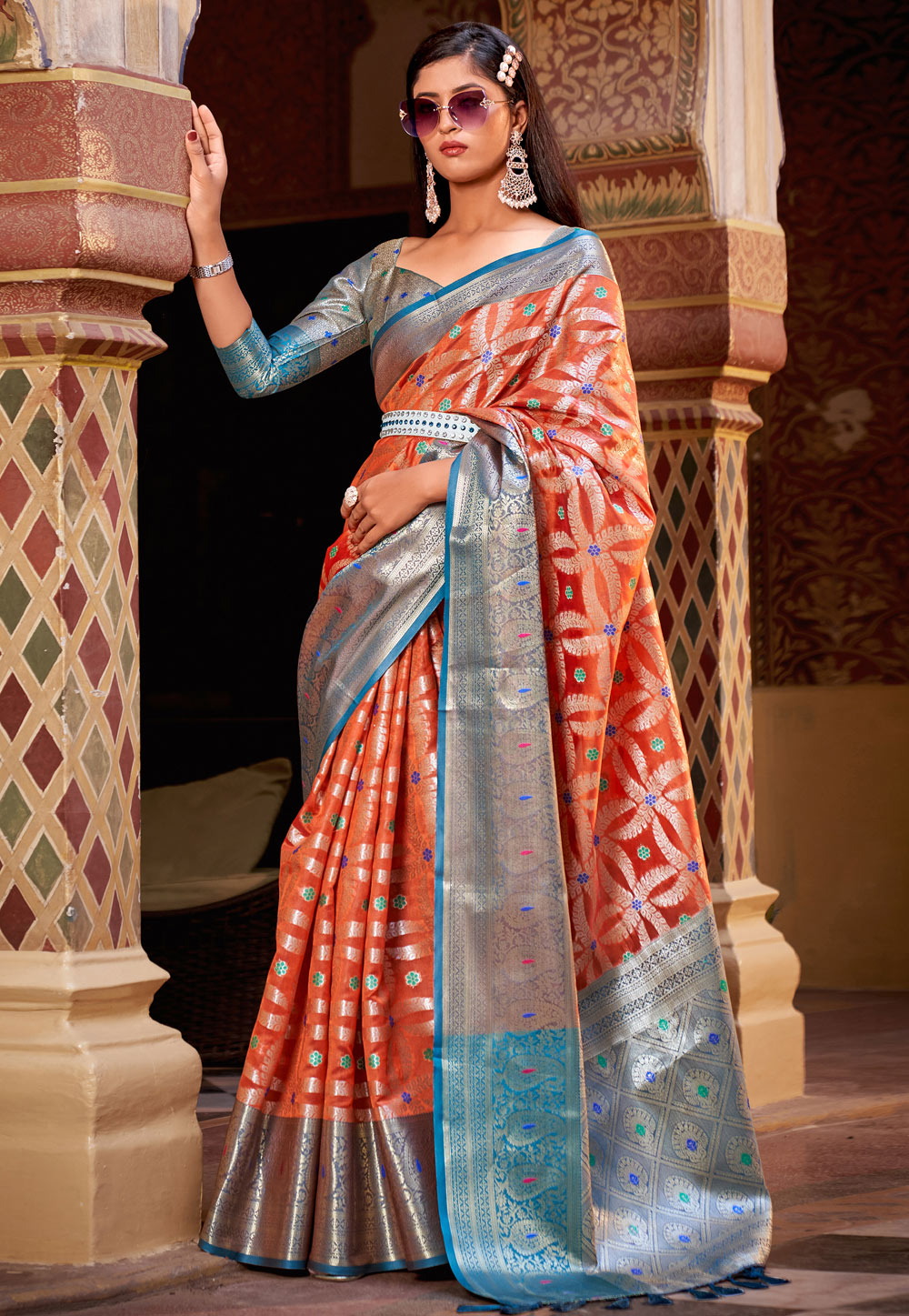 Rust Tissue Saree With Blouse 256380