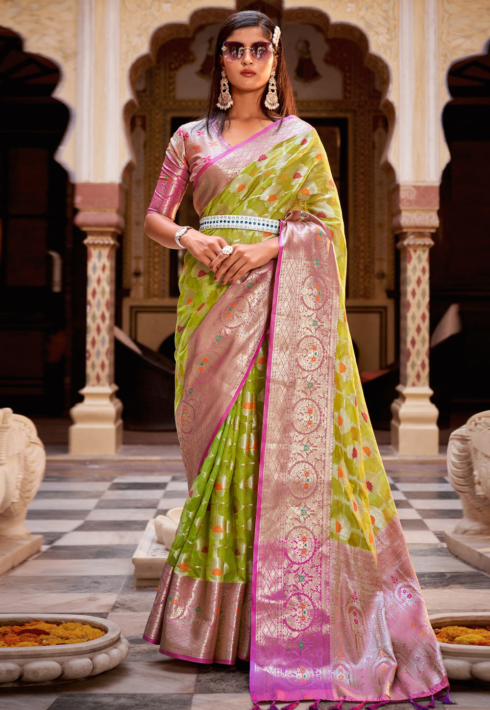 Light Green Tissue Saree With Blouse 256383