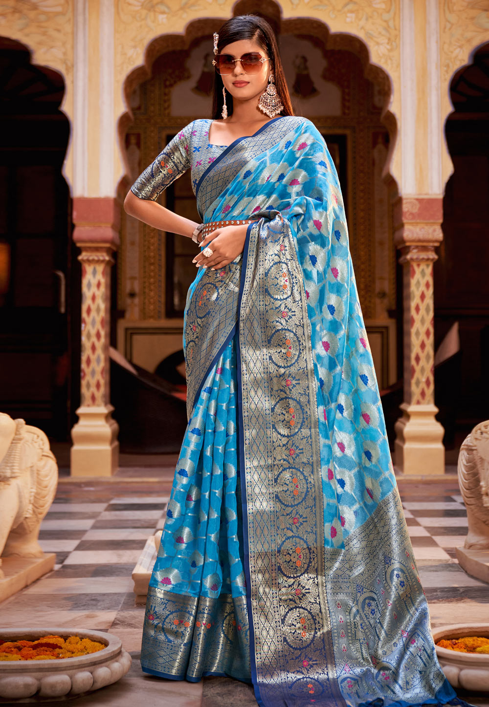 Sky Blue Tissue Saree With Blouse 256384