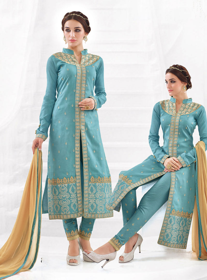Sky Blue Cotton Pakistani Style Suit 76514