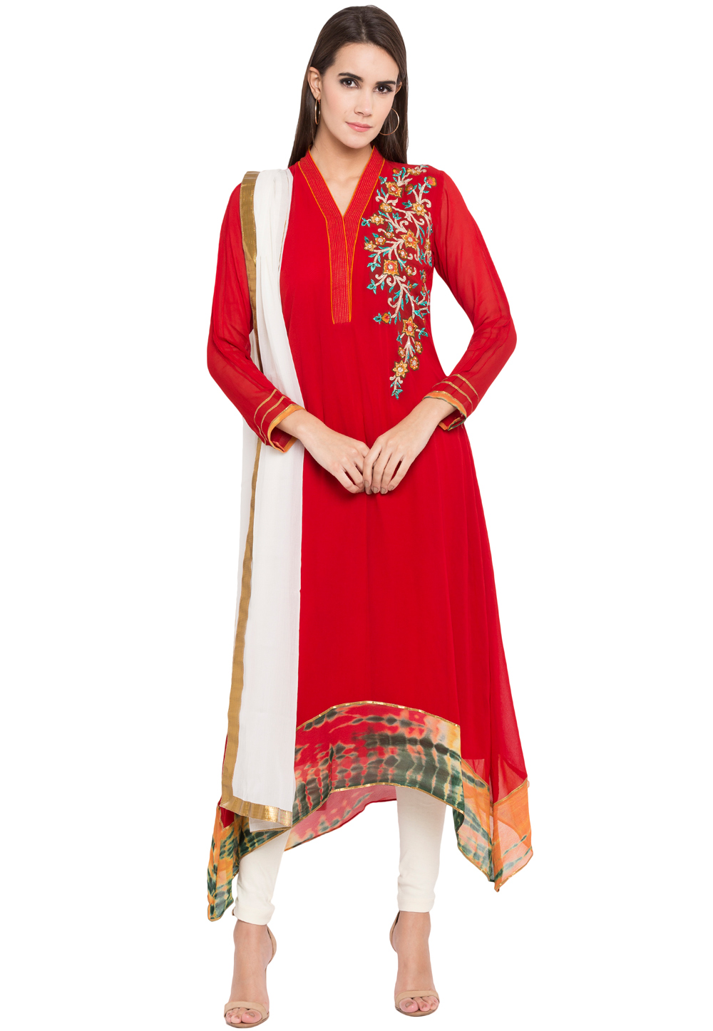 Red Georgette Readymade Asymmetrical Suit 238554