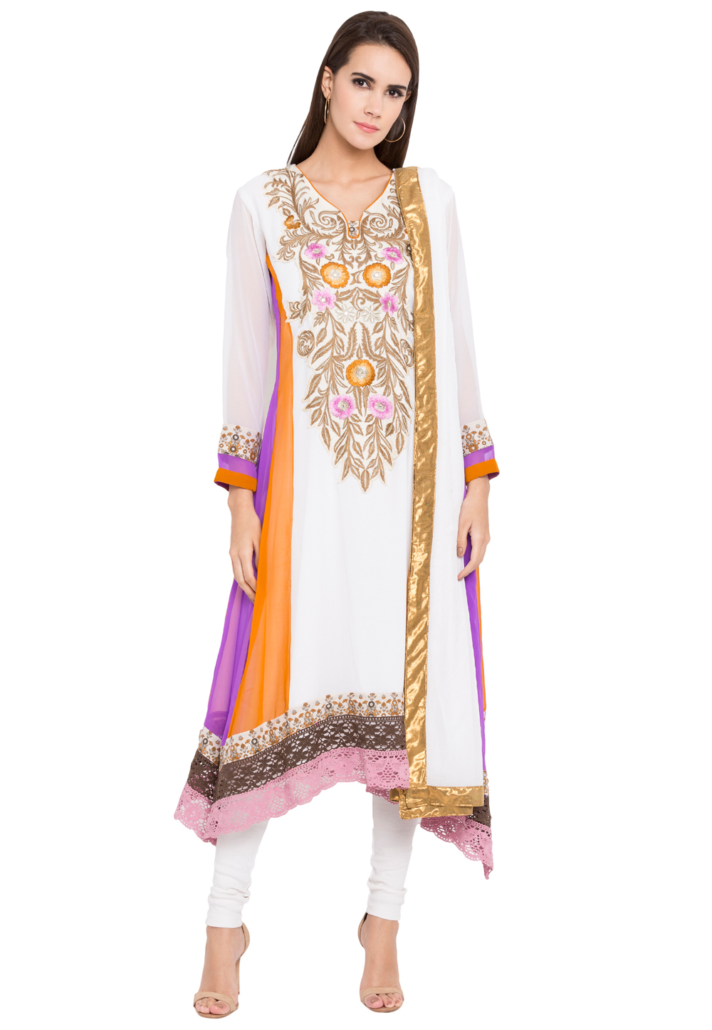Off White Georgette Readymade Asymmetrical Suit 238555