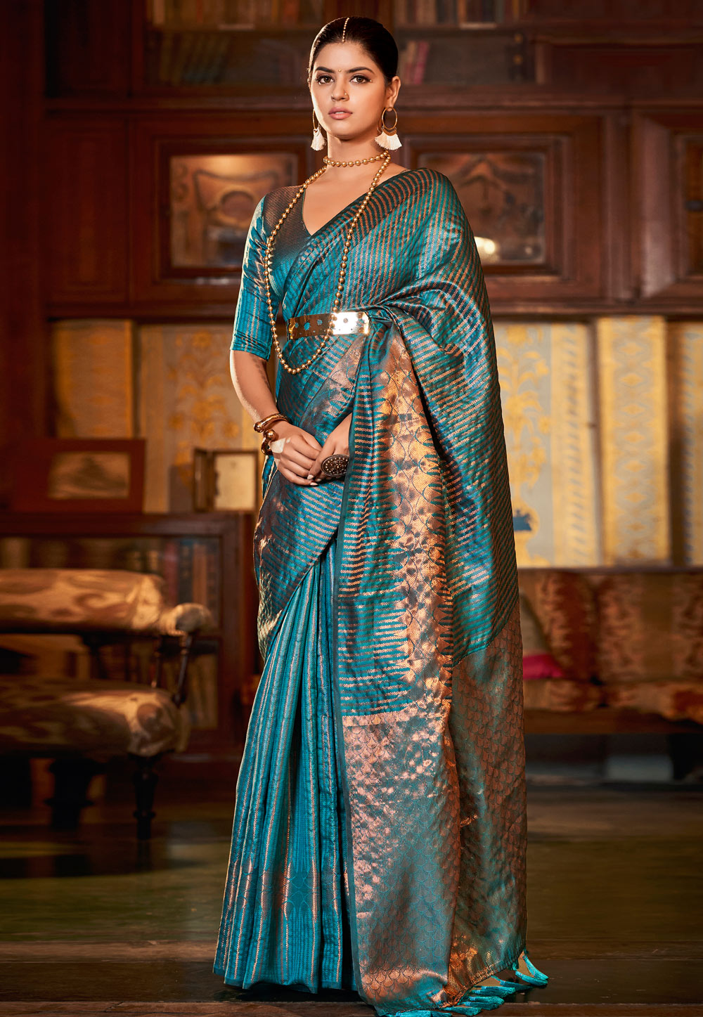 Turquoise Silk Saree With Blouse 256548