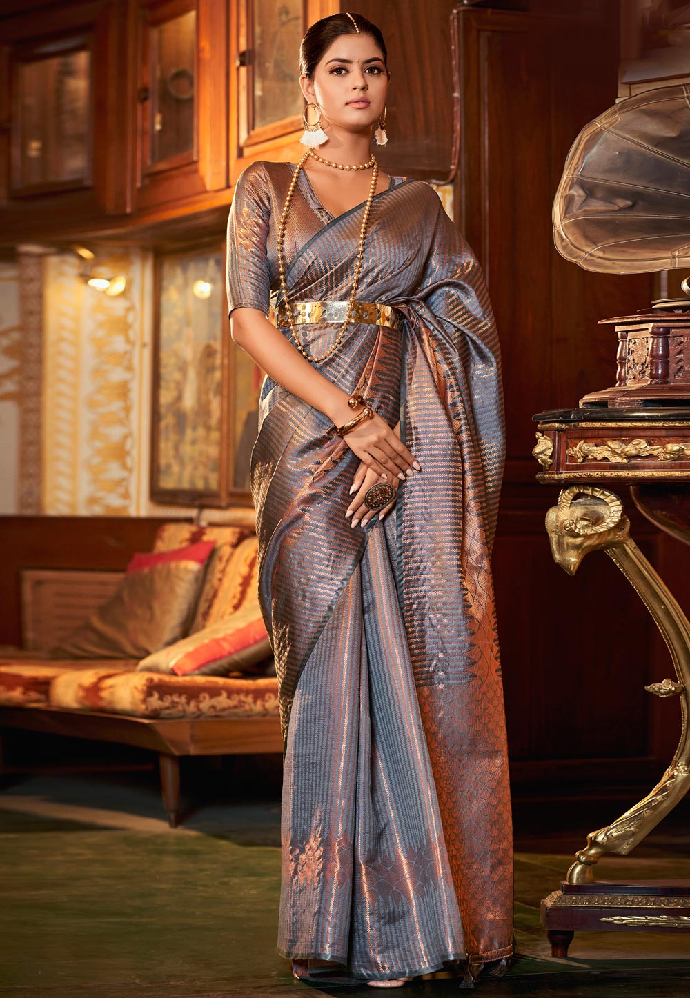 Buy Varun & Nidhika Grey Chiffon Folklore Line Embroidered Saree With Blouse  Online | Aza Fashions