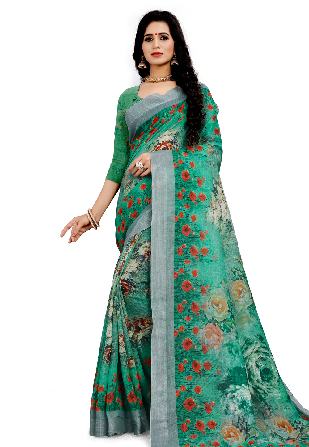 Green Linen Printed Saree With Blouse 196309
