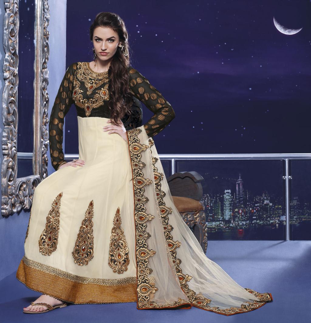 Black and Beige Embroidery Brocade Long anarkali Suit 22069
