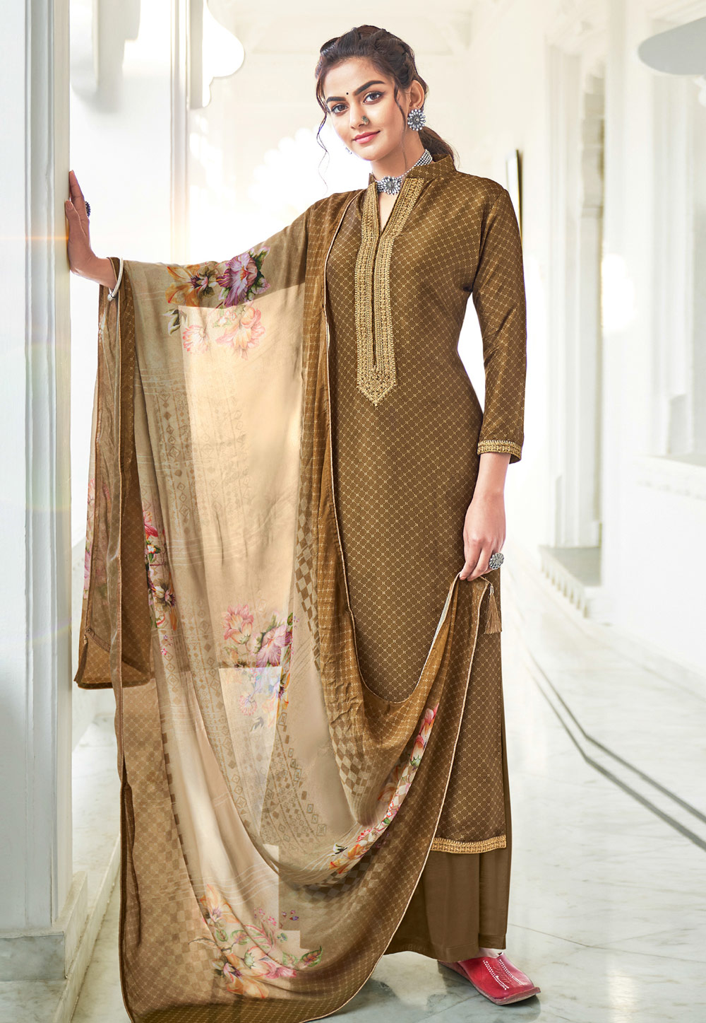 Brown Upada Silk Palazzo Suit 235964