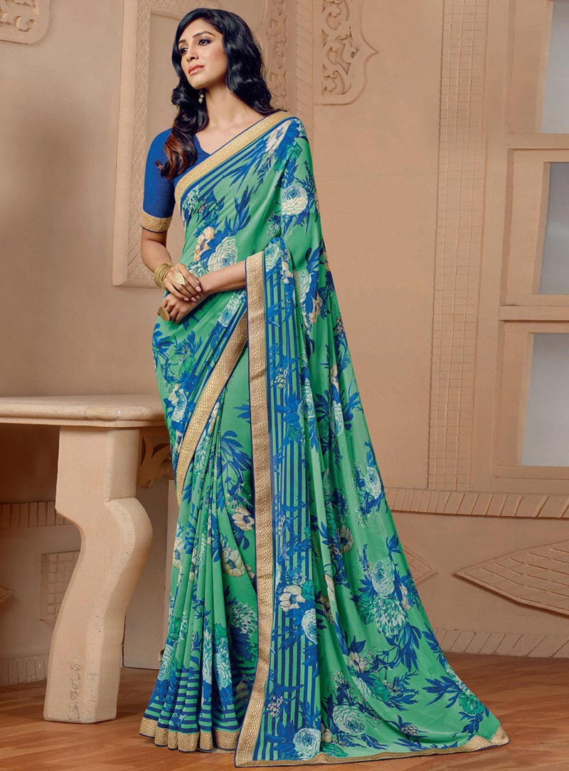 Green Georgette Printed Saree With Blouse 77462