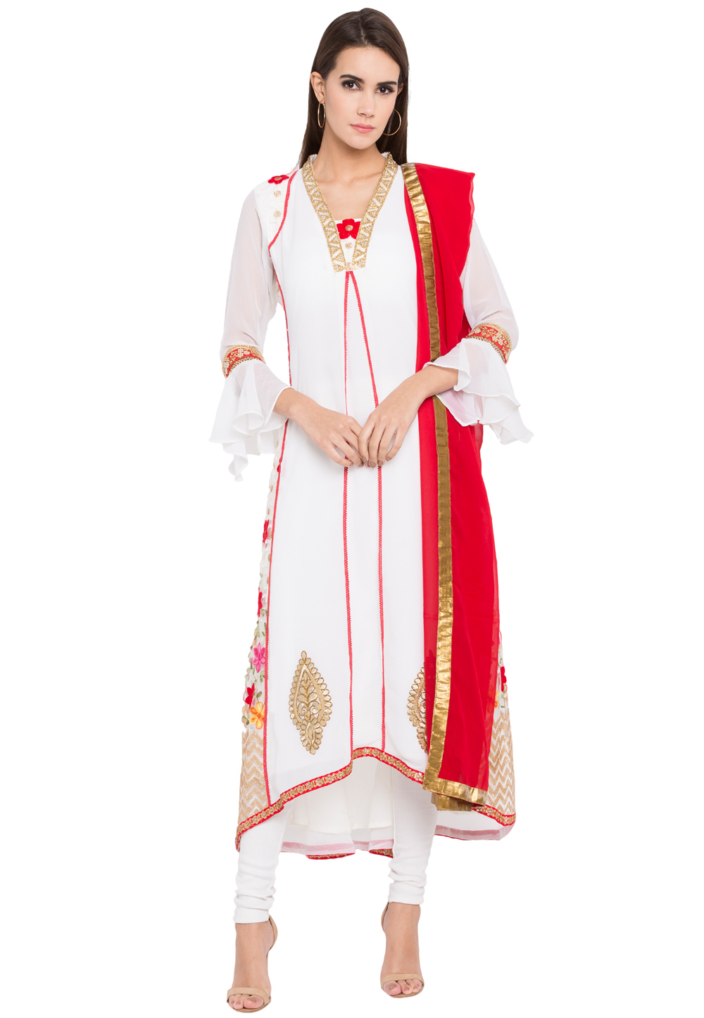 Off White Georgette Readymade Asymmetrical Suit 238573