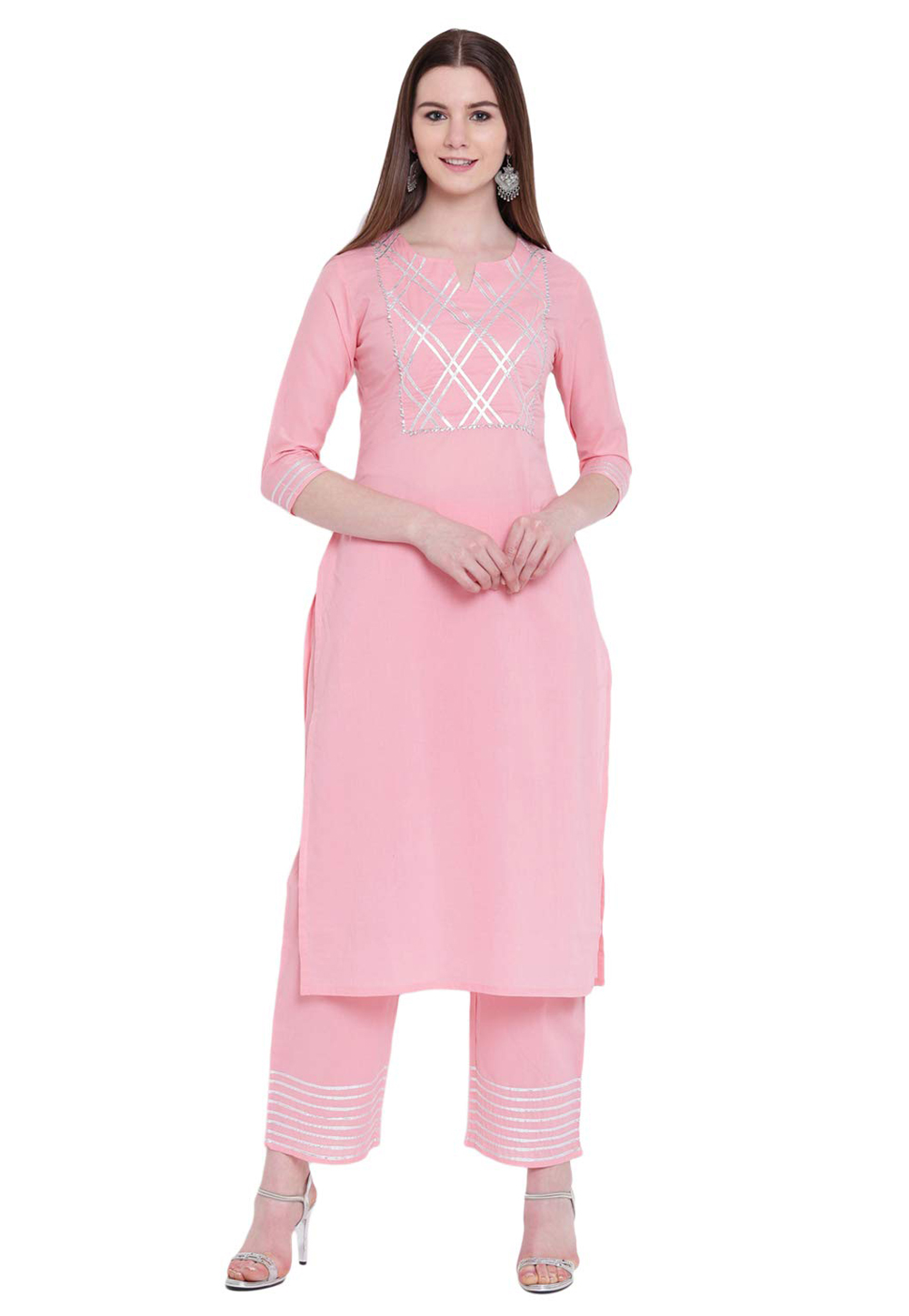 Light Pink Cotton Readymade Pant Style Suit 176665
