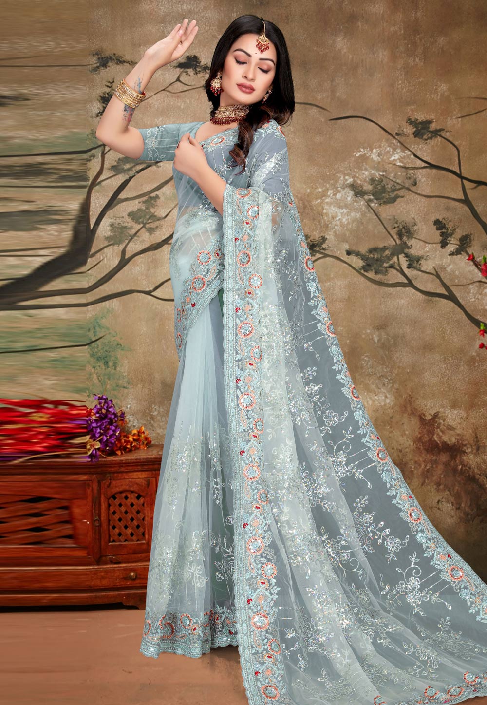 Sky Blue Net Saree With Blouse 261445