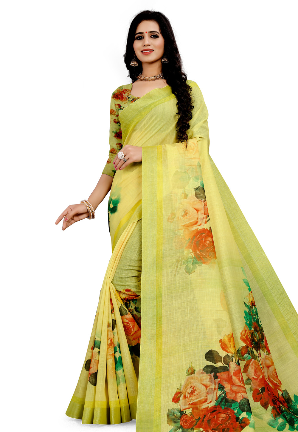 Yellow Linen Printed Saree With Blouse 196311